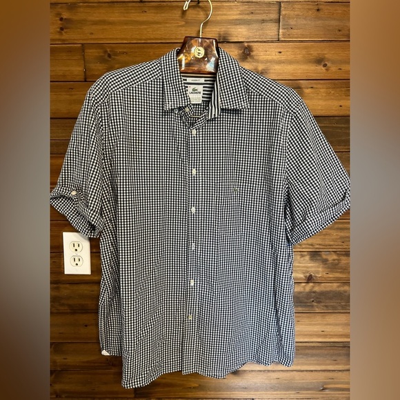 Lacoste mens short sleeve checkered button down shirt size 46 - Picture 1 of 9